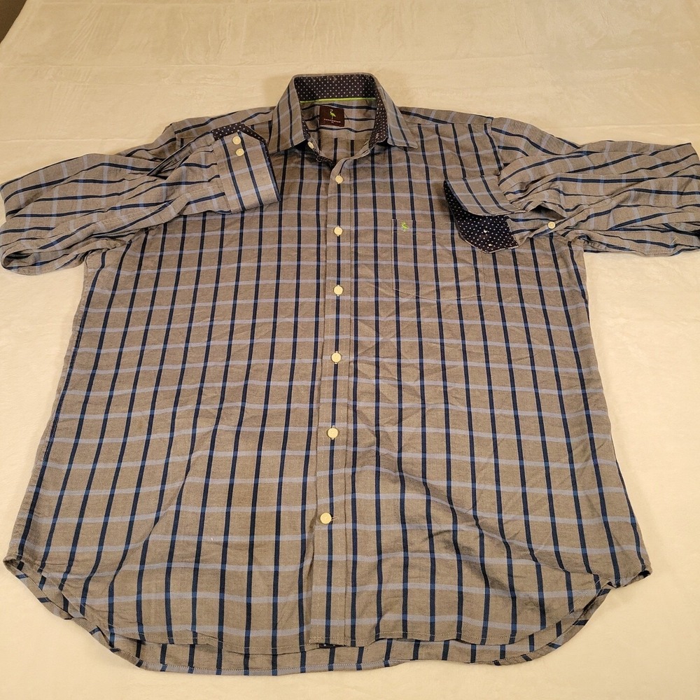 TAILORBYRD Long Sleeve Button Down Shirt Flip Cuff Plaid XL Blue‎
